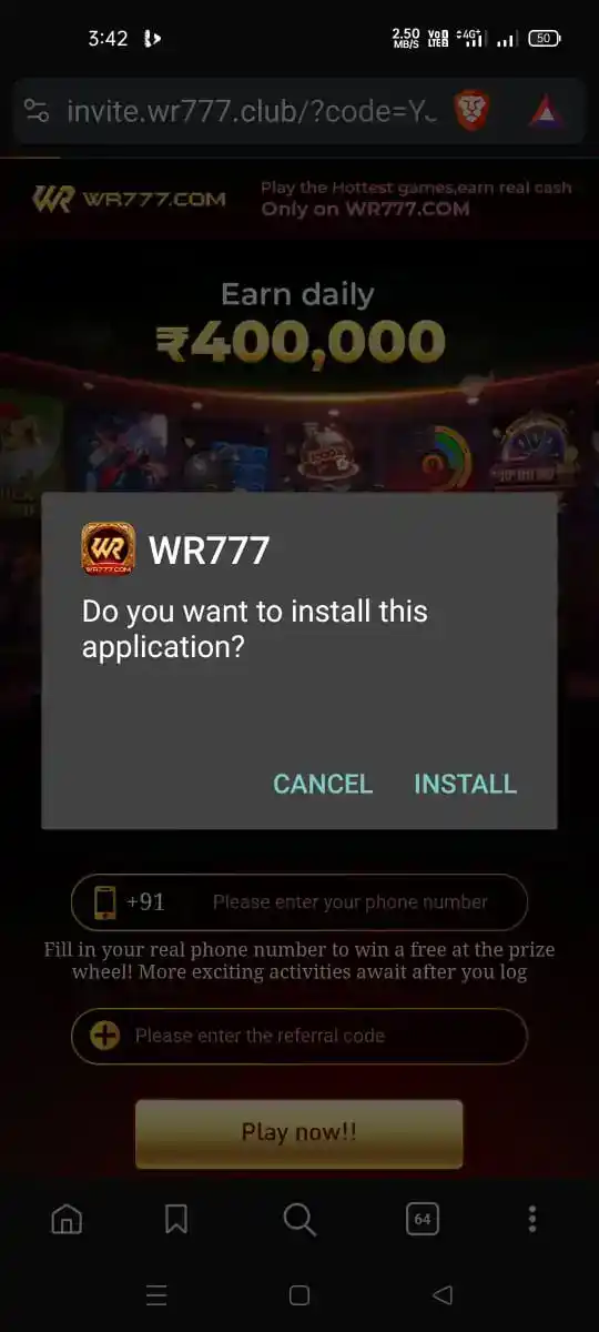 WR777 download page on mobile